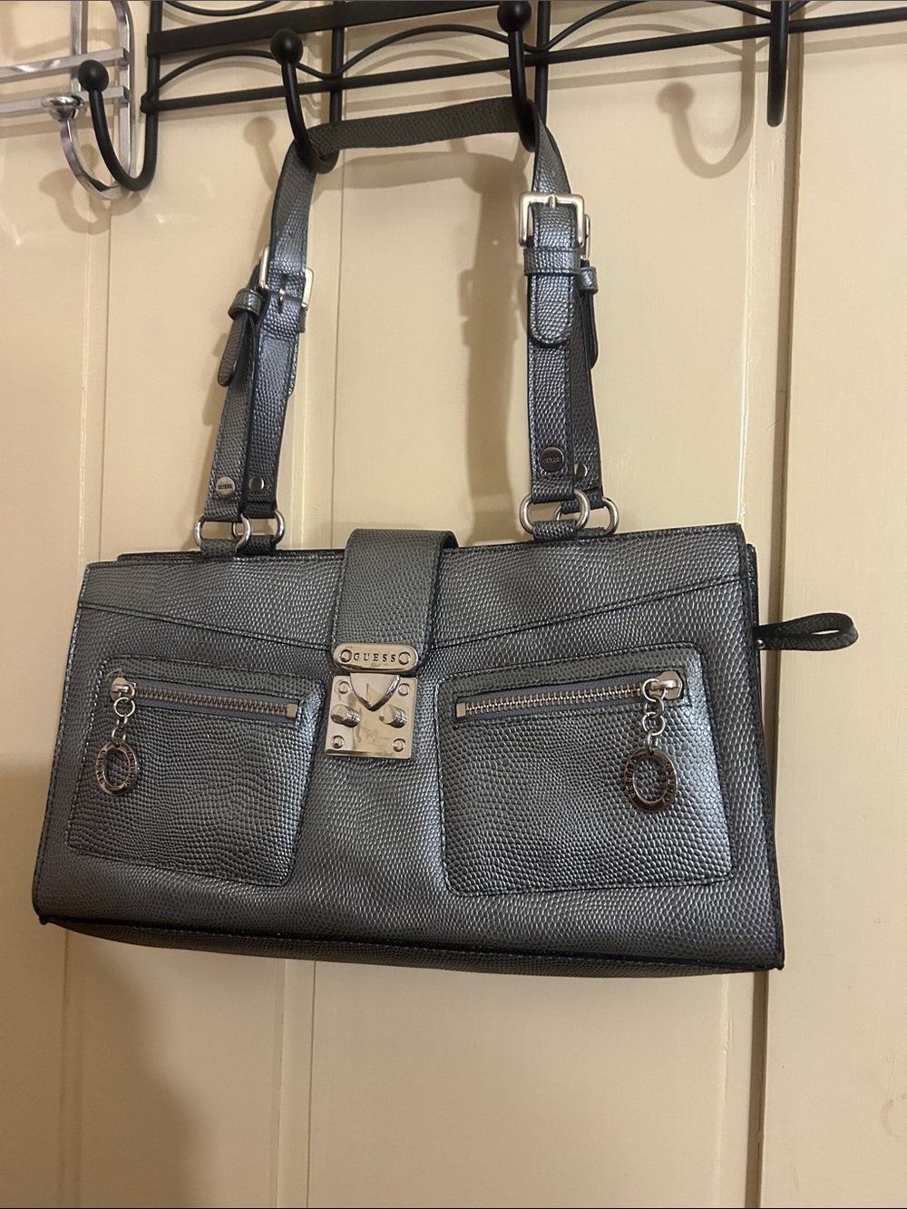 Guess Metallic Silver Shoulder Bag with Front Zip Pockets